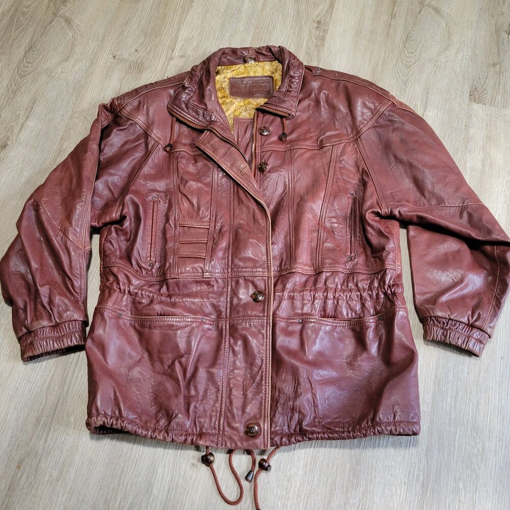 Vintage Derimod Brown Soft Leather Zip Up Button Tie Jacket Coat Men's Size 38